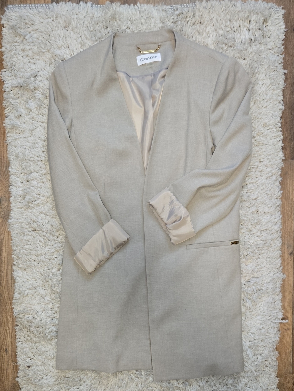 Calvin Klein Women's Light Beige Open-Front Long Blazer